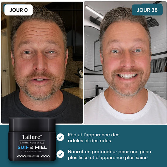 Tallure™ baume au suif de bœuf — avant / après 38 jours : rides du front estompées, peau plus lisse